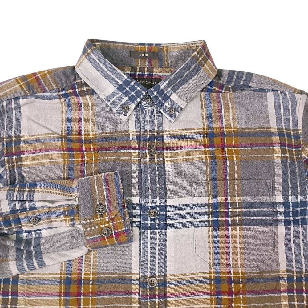 Eddie Bauer Mens Slim Fit Flannel Shirt Grey Blue Mustard Plaid Cotton Medium
